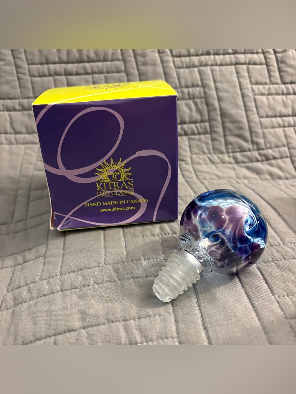 Kitras Blown Art Glass Wine Bottle Stopper Blue, Purple, White Wave Swirl Canada
